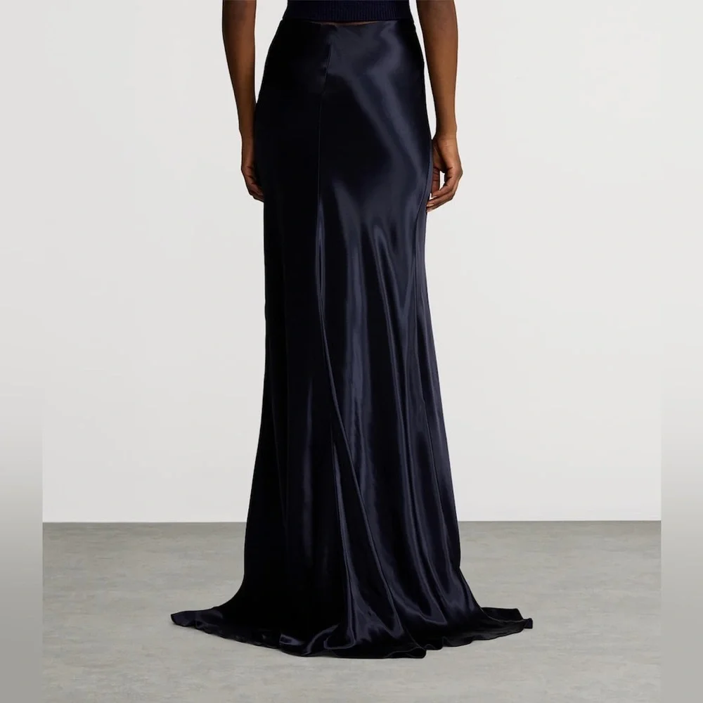 RALPH LAUREN COLLECTION MASSINA STRETCH SATIN SKIRT IN NAVY BLUE